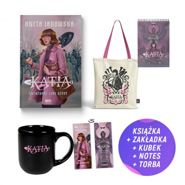 Pakiet: Katia. Cmentarne love story + Kubek czarny 450ml + Torba różowa + Notes (książka + kubek + torba + notes + zakładka)