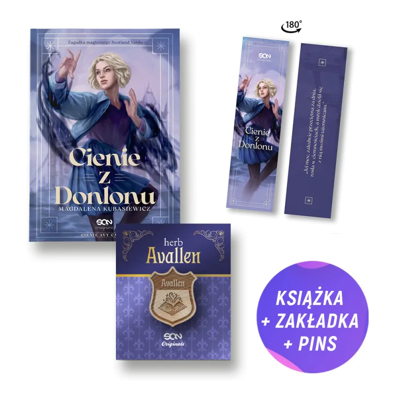 Pakiet: Cienie z Donlonu (książka + drewniany pin herb + zakładka gratis)