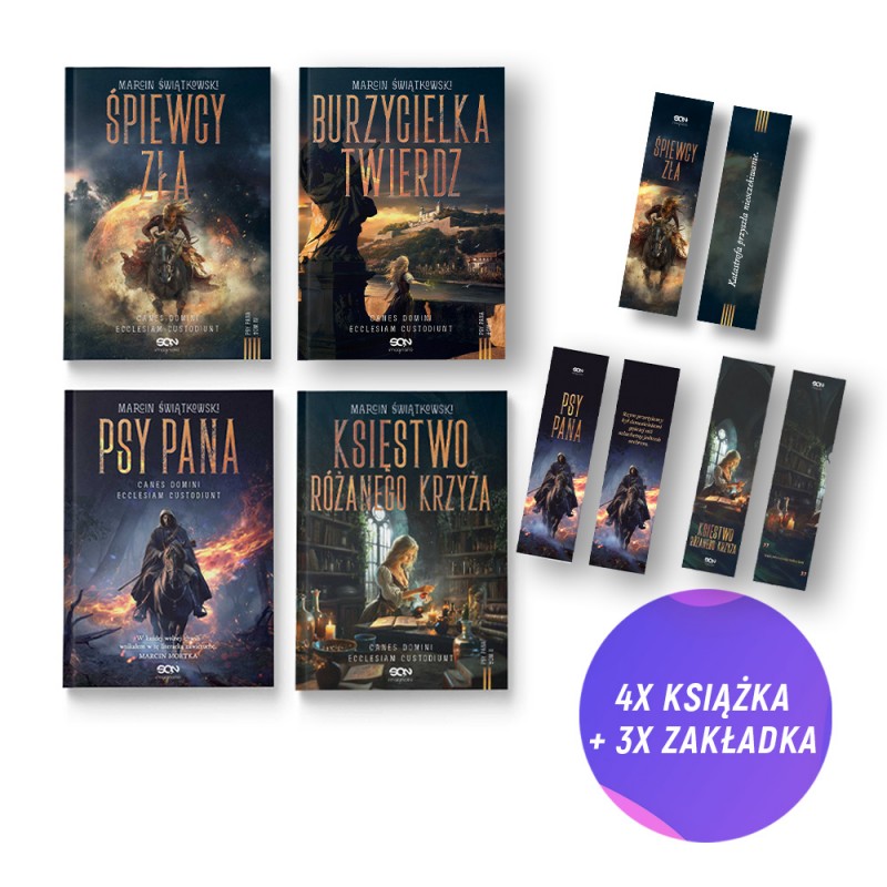 Śpiewcy zła + Psy Pana + Księstwo Różanego Krzyża + Burzycielka twierdz (4x książka + 3x zakładka gratis)