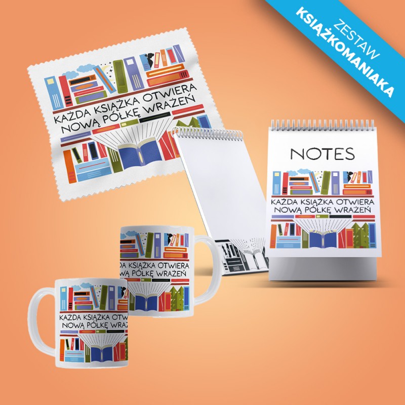 Pakiet gadżetów: Kubek (330 ml) KOLOROWY + ściereczka + notes spiralny A5