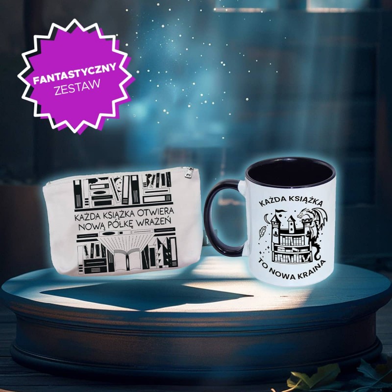 Pakiet gadżetów: Kubek fantasy (330 ml) Każda książka to nowa kraina + Kosmetyczka bawełniana