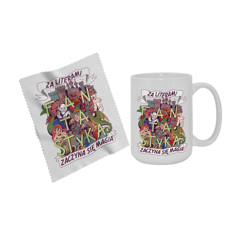Duży kubek 450ml Fantastyka. Za literami zaczyna się magia + Ściereczka do okularów