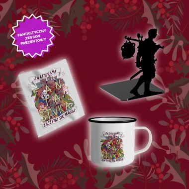 ZESTAW Fantastyka (Podpórka na książki Kociołek + Metalowy kubek 300 ml + Ściereczka) Za literami zaczyna się magia