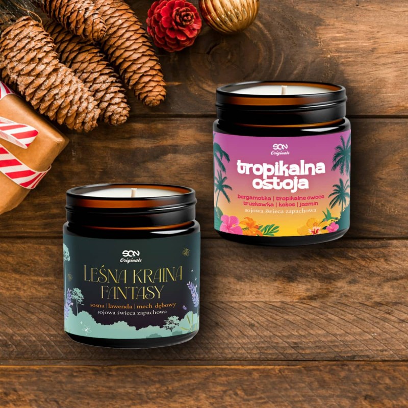 Zestaw świec sojowych: Leśna kraina fantasy (120ml) + Tropikalna ostoja (120ml)