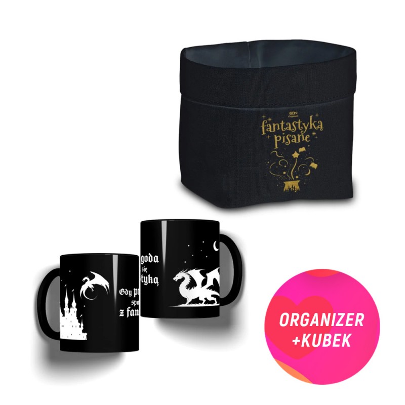 Bawełniany miękki organizer na książki Fantastyką pisane + Kubek fantasy (330 ml) gdy przygoda spotyka się z fantastyką