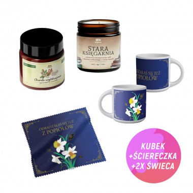 Pakiet: Kubek Odradzałaś się już z popiołów + Ściereczka + Świeca sojowa Chwila wytchnienia + Świeca sojowa Stara księgarnia