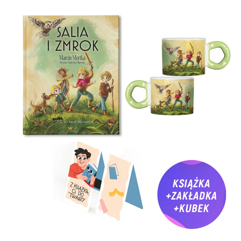 Pakiet: Salia i Zmrok (książka + kubek 280 ml fajne ucho + zakładka magnetyczna DLA NIEGO + pocztówka)