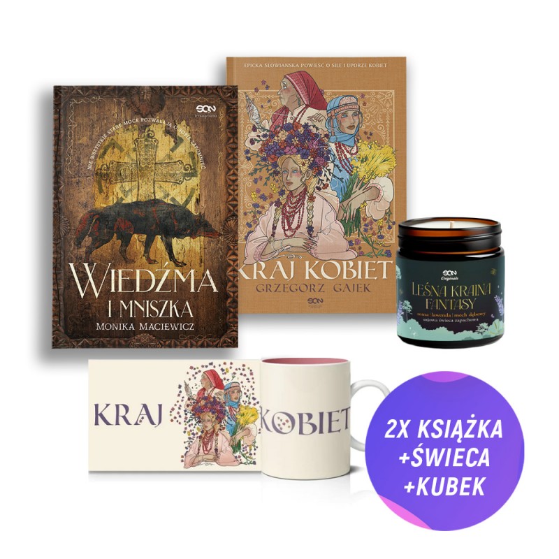 Wiedźma i mniszka + Kraj kobiet (2x książka + kubek Kraj Kobiet 330ml + świeca sojowa leśna kraina fantasy + zakładka gratis)