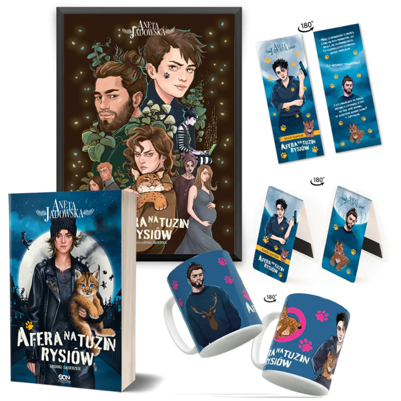 Pakiet: Afera na tuzin rysiów (książka + plakat + kubek + zakładka magnetyczna + zakładka gratis)
